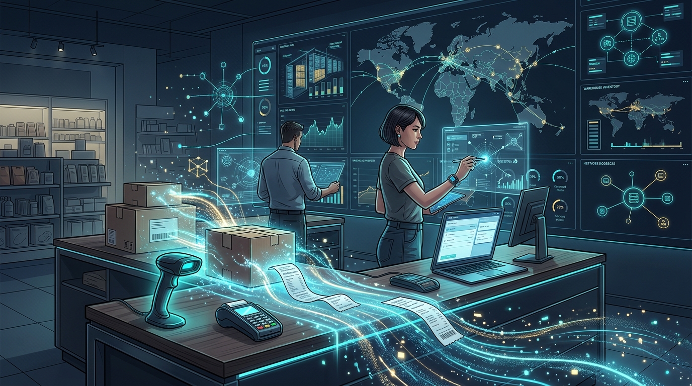 Un bancone di negozio con pacchi ed etichette collegato da flussi di dati digitali a un'interfaccia di controllo moderna e centralizzata