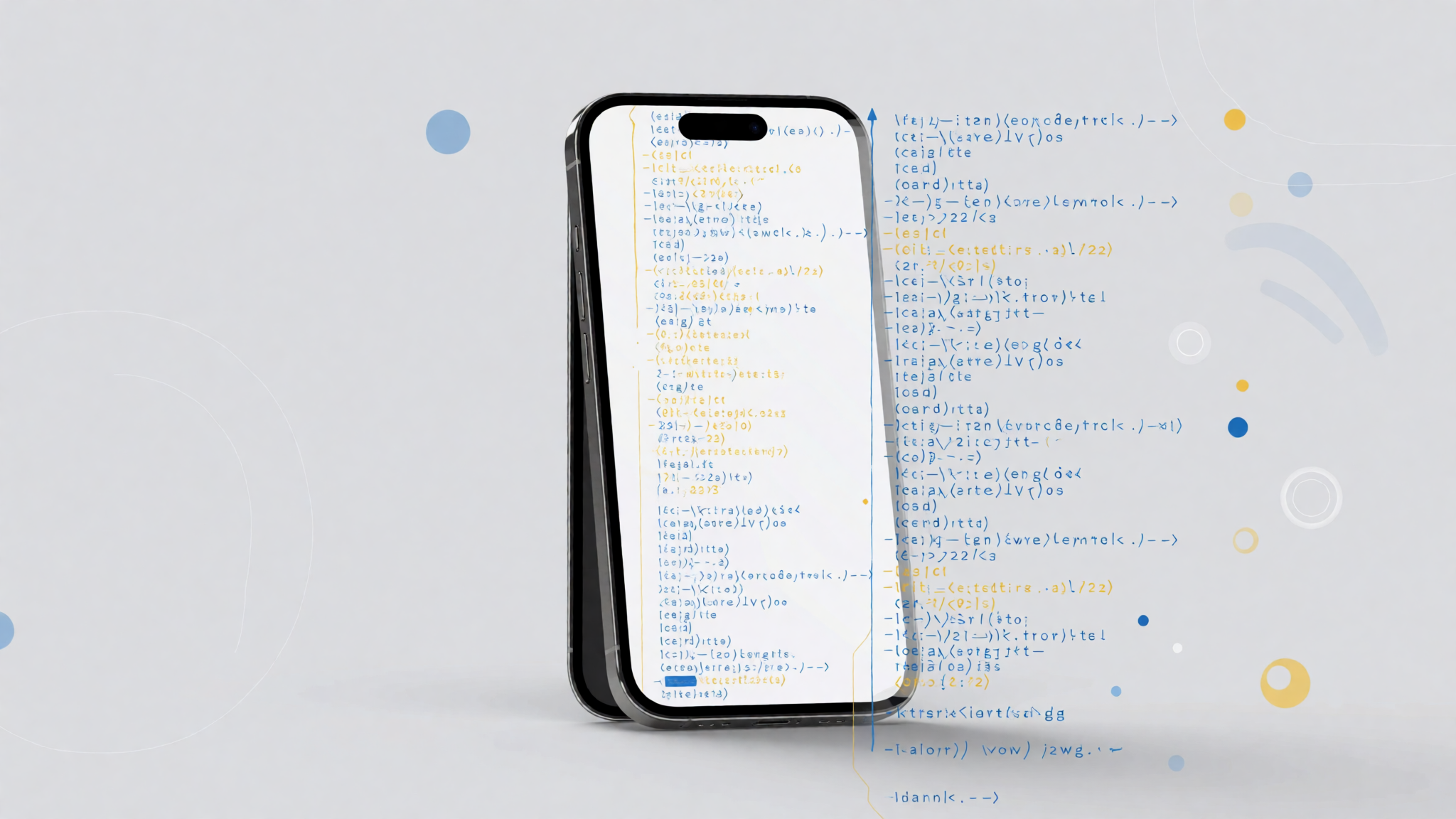 Uno smartphone che emerge da un flusso di dati e linee di codice, stile tecnologico minimale