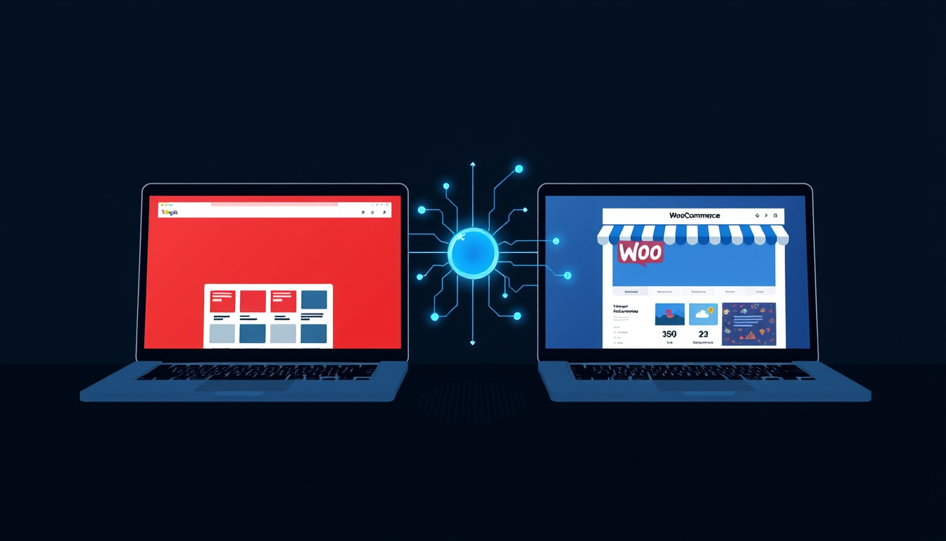 Due schermi affiancati: a sinistra un vecchio e-commerce rosso e datato, a destra uno shop moderno blu e bianco, collegati al centro da un flusso di dati luminoso