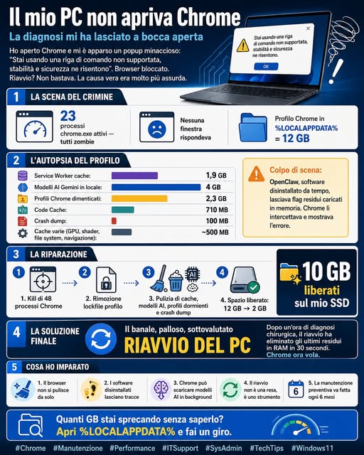 Infografica della diagnosi: 23 processi Chrome zombie, 12 GB di profilo, 10 GB liberati dopo pulizia