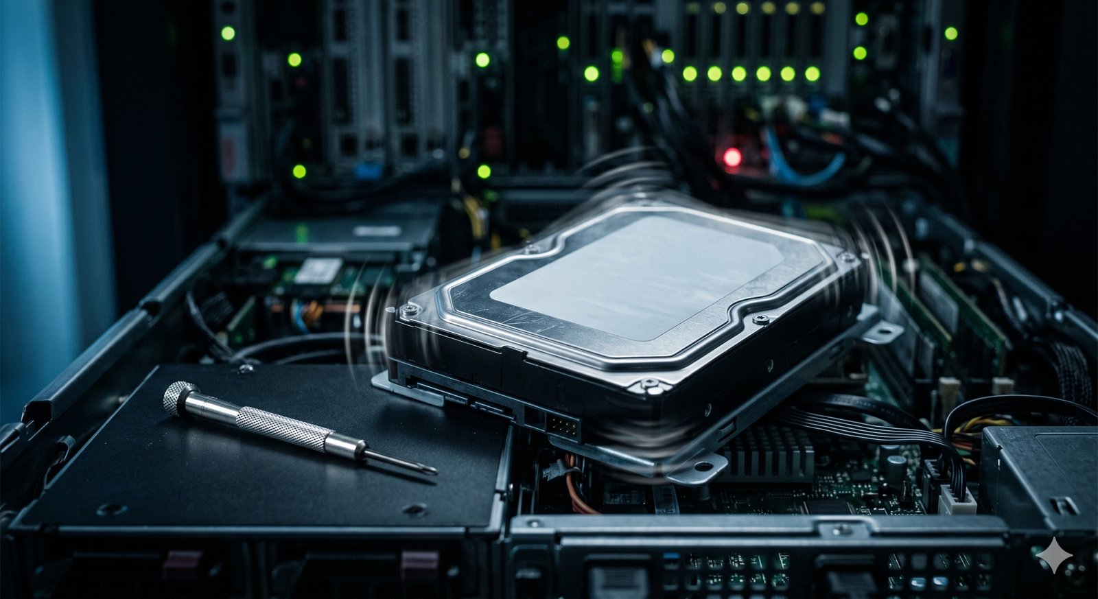 Un hard disk da server non avvitato che vibra dentro un case aperto, con un piccolo cacciavite di fianco